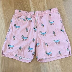 Pink Kids Swim Trunks with Unicorn and Ice Cream Print